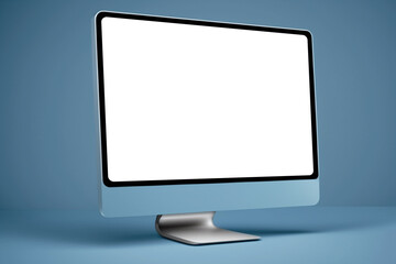 Modern desktop in blue color with empty white screen Generative AI - obrazy, fototapety, plakaty