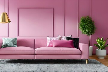 Living room in pink with pink wall and sofa. Home decoration ideas. Creative ideas. Generative Ai