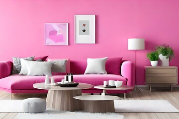 Living room in pink with pink wall and sofa. Home decoration ideas. Creative ideas. Generative Ai