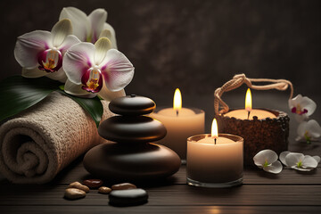 Obraz na płótnie Canvas Spa, beauty treatment and wellness background with massage stone, orchid flowers, towels and burning candles Generative AI