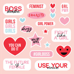 Big sticker set with girl power slogans and feminist quotes. Vector illustrations. Greeting cards