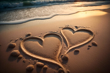two hearts drawn on the sand beach Generative AI