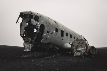 Wrecked DC3 in a cloudy day, Iceland