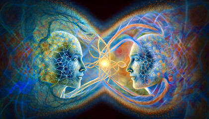 human connection, electromagnetic fields connecting two human beings, standing face to face, interacting. - obrazy, fototapety, plakaty