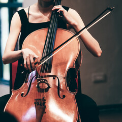 Indoor concert background abstract people playing music instruments in symphony orchestra cello performance arts rehearsals chamber music