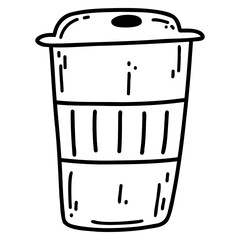 Hand drawn doodle coffee paper cup. Vector illustration of reusable cup for hot and cold drinks, design element