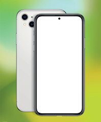 Vector smart phone mockup on green background with blank screen. Cell phone template design with front and back view set.