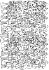 Fototapeta na wymiar Underwater Pattern with black and white tropical fish. Exotic fish. Coloring book page for adult. Monochrome