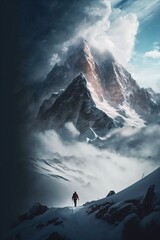 Dramatic mountain landscape with clouds, cold temperature, hikers