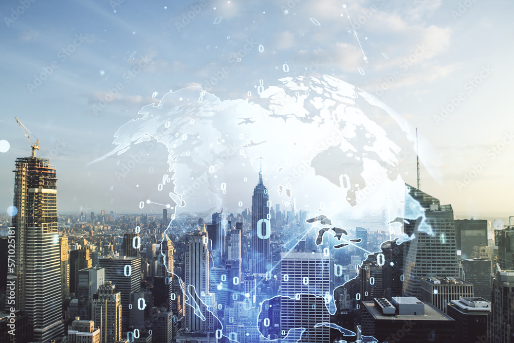 Aufkleber multi exposure of abstract software development hologram and world map on new york city skyscrapers 