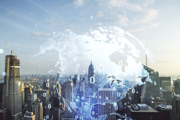 Multi exposure of abstract software development hologram and world map on New York city skyscrapers background, global research and analytics concept