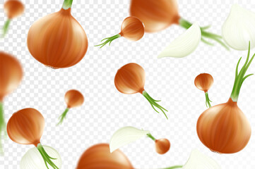 Onion background. Falling fresh ripe onions, isolated on transparent background. Selective focus. Flying defocusing onions. Applicable for ketchup, juice advertising. Realistic 3d vector
