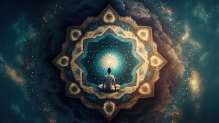 Obraz na płótnie Canvas Hombre meditando con la energía del universo, creado con IA generativa