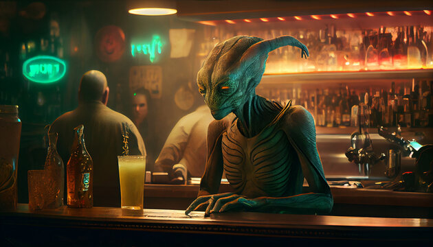 An alien in depresion lost in bar, generative ai