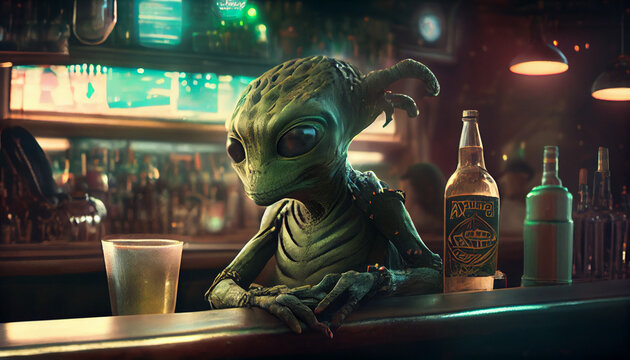 An alien in depresion lost in bar, generative ai