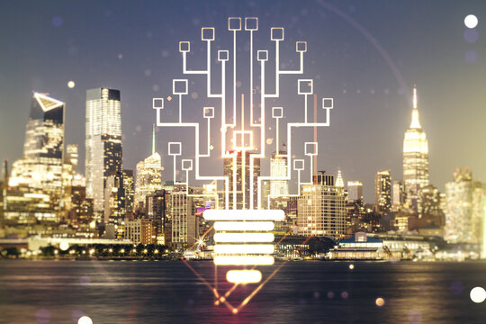 Virtual creative light bulb with chip hologram on Manhattan office buildings background, artificial Intelligence and neural networks concept. Multiexposure
