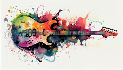 Electric guitar decorated with stylish creative colors around it on white background, generative ai