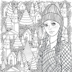 Young beautiful girl in a knitted hat and a plaid dress. Two braids. Pattern with houses and Christmas trees. Zentangle style. Black and white doodle coloring book page for adult.