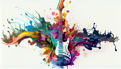 Electric guitar decorated with stylish creative colors around it on white background, generative ai
