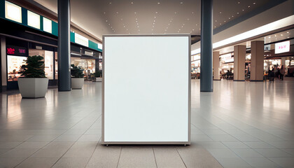 Blank sign with white background in a contemporary mall or shopping center, blank advertising sign in shopping center, generative ai