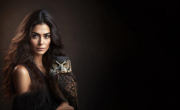  Beautiful dark haired model woman holding an owl very close to her, on a dark background. Model is making eye contact while holding a bird of prey. Image created with generative ai
