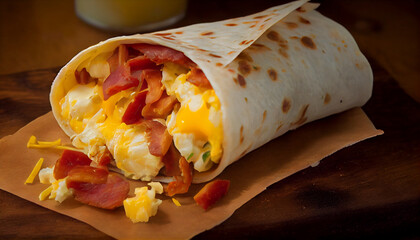 Potatoes, bacon and eggs in a breakfast burrito, generative ai - obrazy, fototapety, plakaty