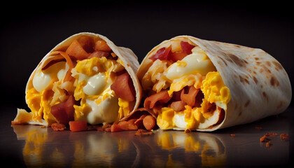 Potatoes, bacon and eggs in a breakfast burrito, generative ai - obrazy, fototapety, plakaty