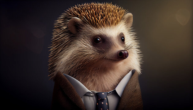 Portrait of hedgehog in a busines suit, generative ai