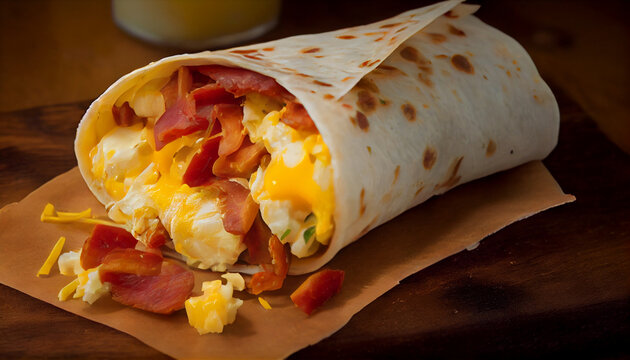 Potatoes, bacon and eggs in a breakfast burrito, generative ai