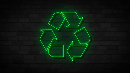 Neon green recycle sign on brick background. Design element.