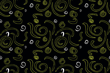 Yellow spirals grouped on a black background. Seamless pattern with color contrast.