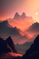 Zelfklevend Fotobehang Misty mountains sunset. Landscape. Generative AI © Oleksandr