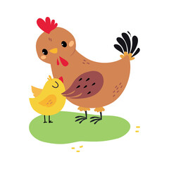 Cute mom hen hugging her chicken cartoon vector illustration
