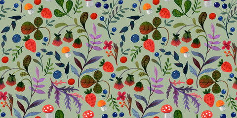Seamless colorful watercolor pattern. Forest and garden elements. Mushrooms, leaves, berries.