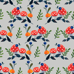 Seamless colorful watercolor pattern. Forest and garden elements on a light background. Mushrooms, leaves, berries.