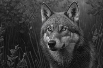 Beautiful black and white portrait of wolf looking in to the camera