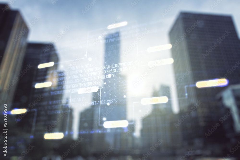 Aufkleber double exposure of abstract programming language interface on modern skyscrapers background, researc