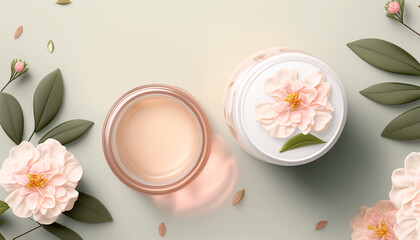 Skin care, body treatment product, pink flowers on green background, top view, copy space. Spa and natural skin care concept, generative ai