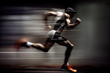 Side view of athletic runner with motion blur on dark background. Generative AI