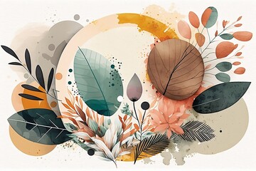 Blooms and Swirls: Watercolor Flowers and Leaves on a Minimal Doodle Texture Background. Generative AI