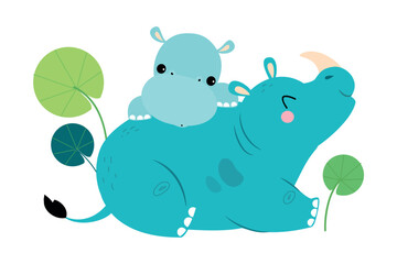 Mom and baby animals. Cute mom hippo with her baby cartoon vector illustration