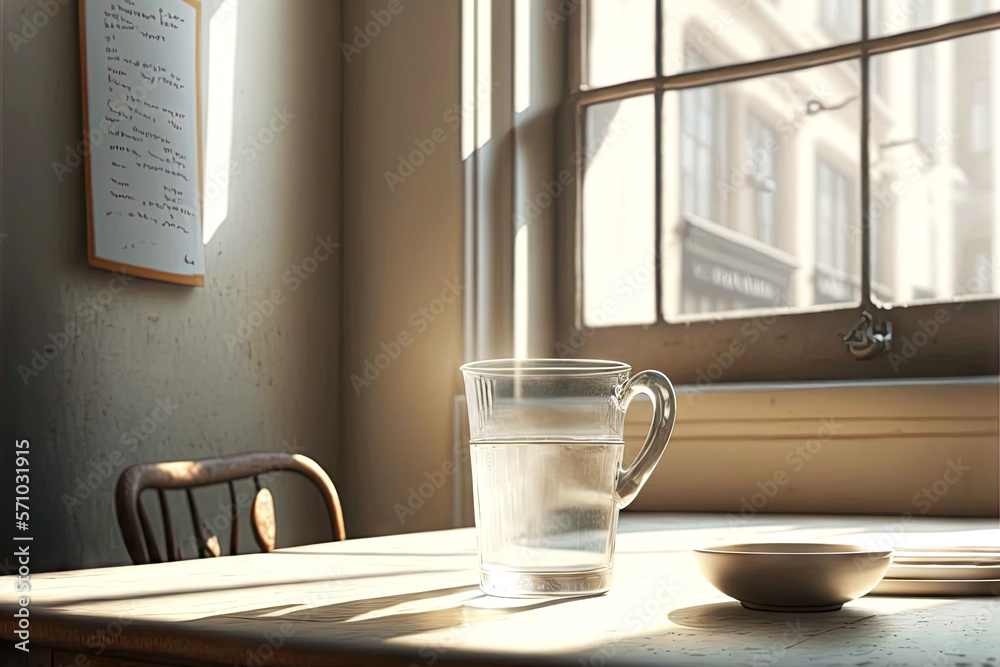 Canvas Prints empty loft cafe with transparent glass cup on table, generative ai