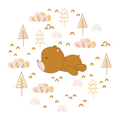 Cartoon cute lazy bear with tree and forest. Vector childish illustration. Suitable for printing on card, kids apparel, nursery, wallpaper, fabric