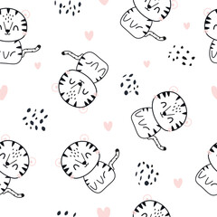 Seamless childish pattern with cute tigers in black and white style. Creative kids texture for fabric, wrapping, textile, wallpaper, apparel. Vector illustration