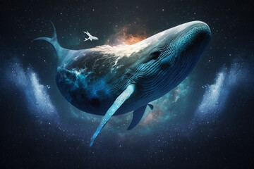 Fototapeta na wymiar A blue whale gliding through space. Created with Generative AI technology.