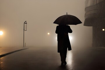 Shadows in the fog. Silhouette of man at night with umbrella. generative AI