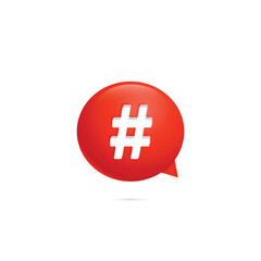 Hashtag icon on red chat bubble. Social networks ui design. Vector illustration.
