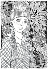 Young beautiful girl in a knitted hat and a plaid dress. Two braids. Zentangle style. Black and white doodle coloring book page for adult and children.