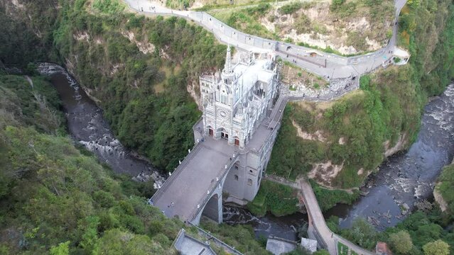Drone view of the National Shrine Basilica of Our Lady of Las Lajas over the Gu&aacute;itara River in Narino Department of Colombia in Ipiales, considered one of the most beautiful churches in the world