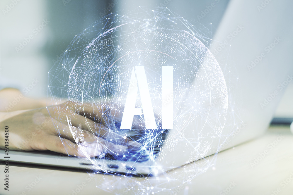 Poster creative artificial intelligence symbol concept with hands typing on computer keyboard on background